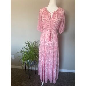 Hunter Bell Maxi Dress S Pink/White EUC Tiered Cotton Silk Boho Tassel Tie Event